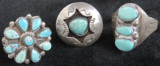 Lot of (3) American Indian Silver & Turquoise Rings. Approx 23 grams.