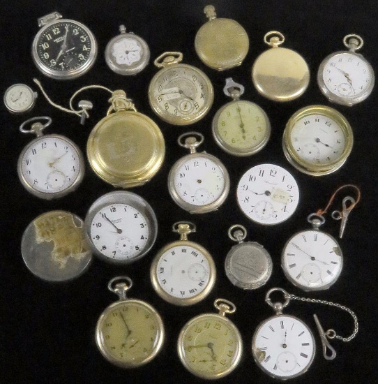 Lot of (20) assorted non functioning Pocket Watches - great watchmaker or decorative lot. As Is.