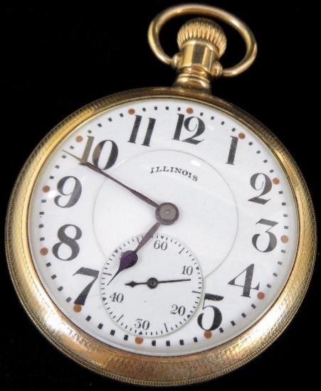 Illinois Sangamo Pocket Watch 23 Ruby Jewels movement # 2327381. Locomotive motif on case.