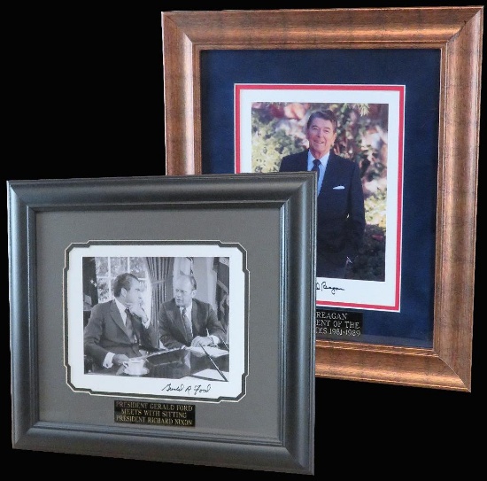 President Ronald Reagan and President Gerald Ford, with Nixon, autographed 8x10 photos.