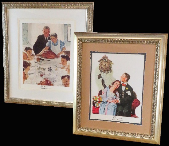 Norman Rockwell signed (2) 12x16 lithographs. "Thanksgiving" and " It's Getting Late". Custom fram