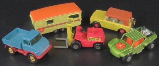 Lot of (5) vintage Matchbox includes Unimog, 1972 Fork Lift, 1970 Trailer Caravan, 1969 Field Car &