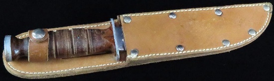 KA-BAR Fixed Blade Knife with Wood Handle and Leather Sheath. Approx 10.5" total length.