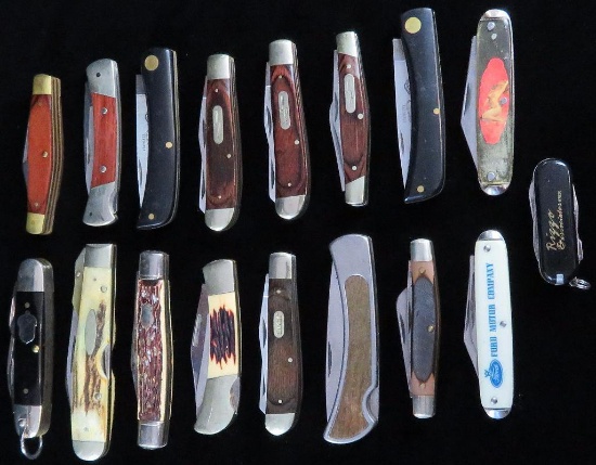 Lot of (15) misc collector knives includes Buck, Case XX Razor Edge, Sod Buster, Sabre, A.G. Russell