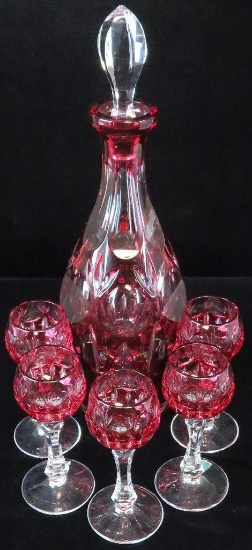 Vintage Cranberry Decanter Set with (5) Cordials.
