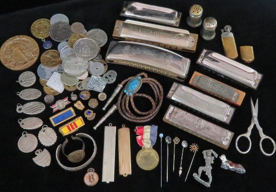 Large lot of smalls includes Harmonicas, Mustache Combs, Tokens, Medal, Hair Pins, Turquoise & Silve