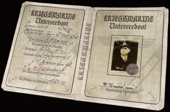 WWII Nazi Kriegsmarine U-Boat Officers Identification Papers with photo, metal stamp, name & info.