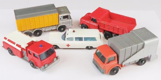 Lot of (5) vintage Matchbox includes No. 54 S & S Cadillac Ambulance, No. 29 Fire Pumper Truck, No.