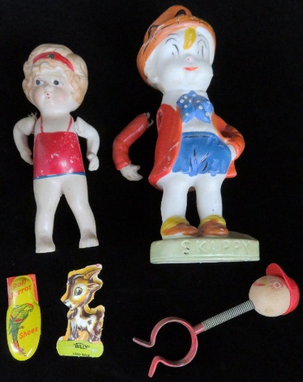 Lot of (5) vintage items includes Polly Parrot Shoes Advertising Clicker, Percy Crosby "Skippy" Figu