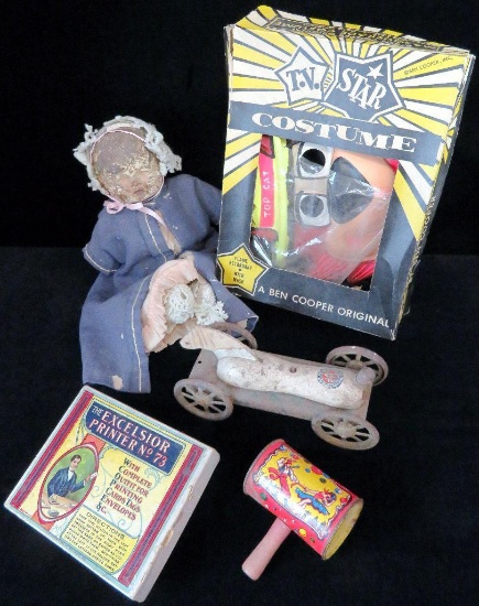 Lot of (8) vintage toys includes very old Doll, Booneville 500 Pinball Game, Masquerade Costume Top