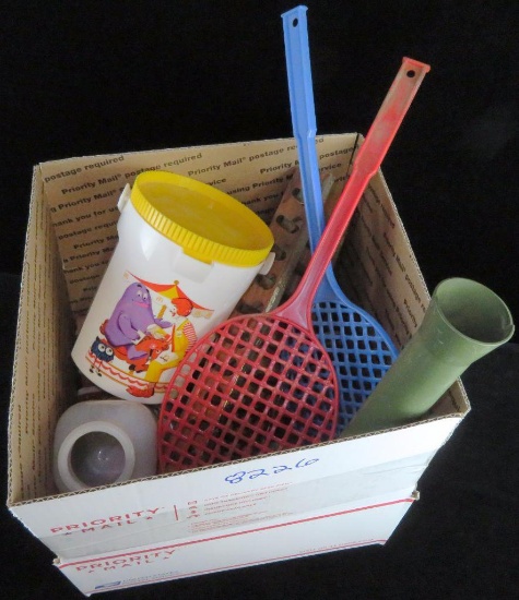 8pc. lot of vintage items includes early kids xylophone, horseshoe set, badminton set, Fisher Price