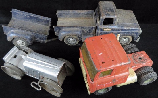 Lot of (6) vintage Toys includes Tonka Toys Blue Pickup & Trailer, ERTL Ben Franklin Truck, Key Wind