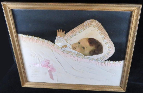 Bessie Mae Gutmann Baby Memorial Framed Picture Real Hair Satin Blanket.