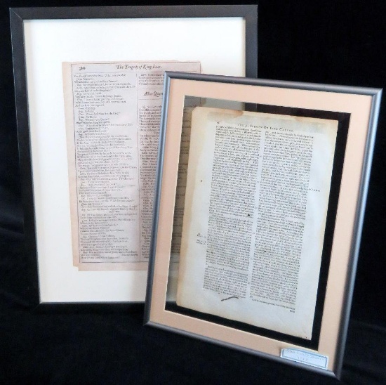 Lot of (2) early framed Ephemera. "The 4 Sermon Of John Calvin" 1583 page & "The Tragedy Of King Le