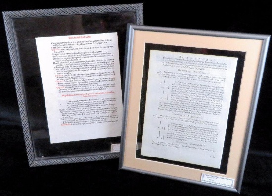 Lot of (2) early framed Ephemera. "Propositions Of Aristotle" 1493 page & "Euclid" 1565 page.
