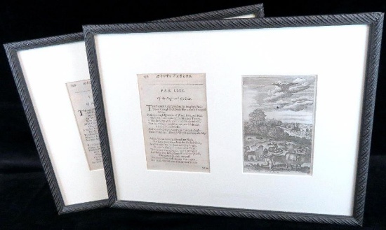 Lot of (2) early framed Ephemera. "Aesop's Fables" - "Of The Eagle and the Crow" page & image page
