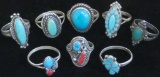 Lot of (8) Sterling Silver Southwest Rings most with turquoise. Approx 26.9 grams.