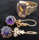 Vintage pair of Amethyst & Gold Earrings with Amethyst Ring. Approx 8.4 grams for all three.