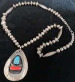 Turquoise, Coral & Silver American Indian Necklace marked F. White approx 76 grams.