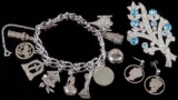 Misc Jewelry lot includes Sterling Charm Bracelet with numerous charms, Mercury Dime Cut-Out Earring