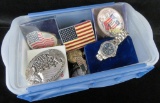 Box full of Belt Buckles, Bolo & Watches. Coca Cola, Flags & more!