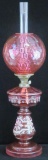 Antique Czechoslovakian Cranberry Glass Hand-Painted Oil Lamp with open pontil.