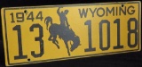 Rare 1944 Wyoming License Plate - Fiberboard - Paper. Really Nice!