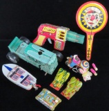 Lot of (8) vintage Tin Toys includes Kirchhof Clown Face Paddle & (2) Litho Tin Frog Poppers, Suzuki