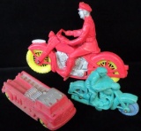 Lot of (3) vintage Auburn Rubber Co. Toys includes Police Motorcycle (red), Motorcycle (teal) & Fire