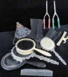 Vintage vanity items lot includes matching Brush & Mirror, Beaded Purse, Curling Irons, Hand Held Mi