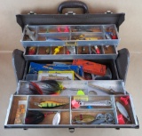 Vintage Brown Tackle Box filled with fishing lures and accessories.