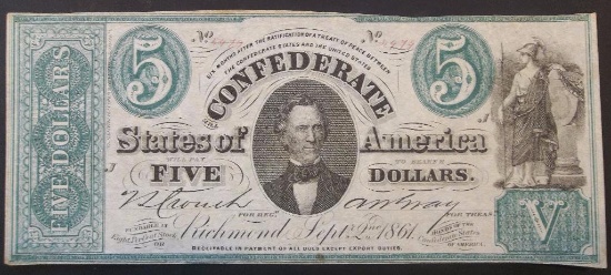 SEPT. 2, 1861 $5 RICHMOND NOTE