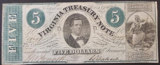 MARCH 13, 1862 $5 VIRGINIA TREASURY NOTE