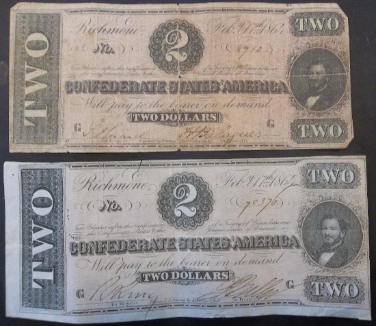 2 PC LOT OF FEB. 17,1864 $2 CSA NOTES