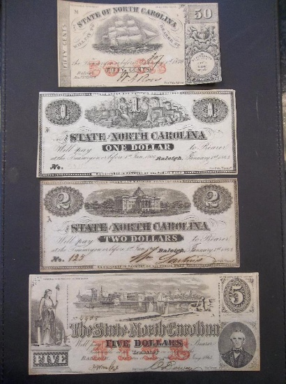 4 PC. LOT OF EARLY NORTH CAROLINA: .50, $2 & $5 NOTES