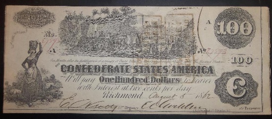AUGUST 5, 1862 $100 CSA NOTE