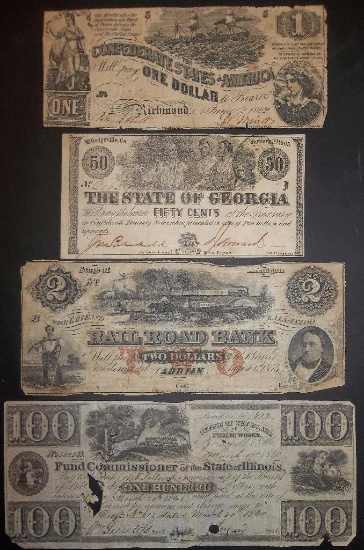 4 PC LOT: 1840 $100 IL, 1854 ADRIAN, MICH $2; 1863 GA .50; and JUNE 2, 1862 $1 RICHMOND CSA