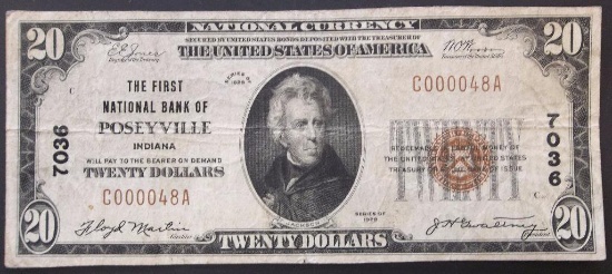 1929 FNB OF POSEYVILLE, IN $20 NATIONAL CURRENCY CH 7036 LOW SERIAL NUMBER C000048A - SCARCE