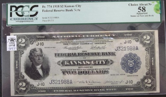 1918 $2 FRBN BATTLESHIP KANSAS CITY PCGS CH AU58 FR 774