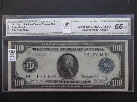 1914 $100 FRN ATLANTA CGA GEM UNCIRCULATED 66 FR 1104