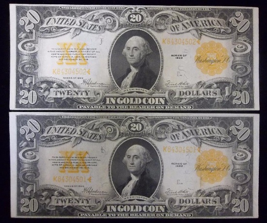 PAIR OF CONSECUTIVE SERIAL NUMBERED 1922 $20 GOLD CERTIFICATE SERIAL NUMBERS K84304501 AND 2