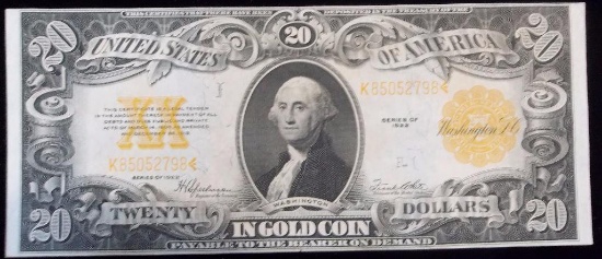 1922 $20 GOLD CERTIFICATE CONSECUTIVE TO 2 FOLLOWING LOTS