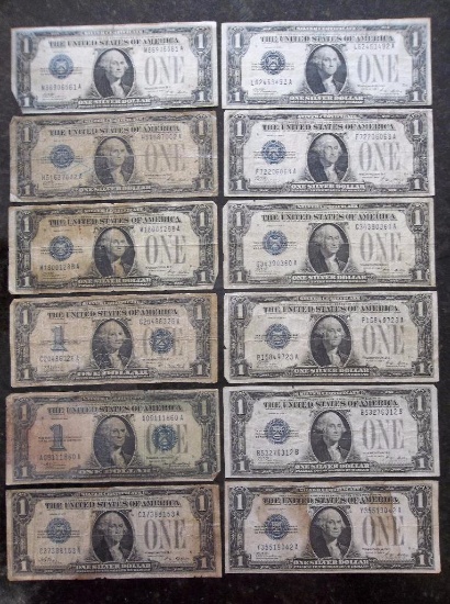 12 PC LOT OF MIXED DATE & GRADE $1 SILVER CERTIFICATE ?FUNNY BACKS?