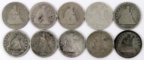 Lot of (10) Seated Liberty Quarters - mixed dates.