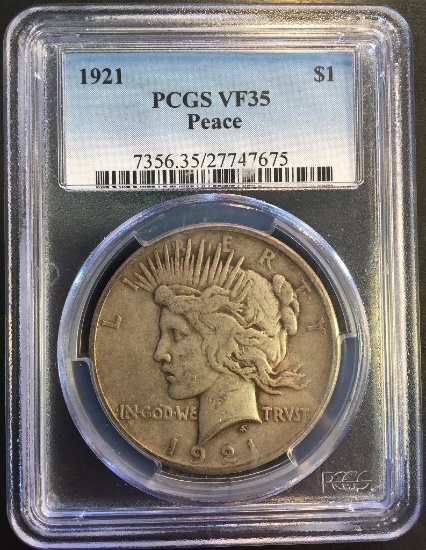 1921 Peace Dollar. PCGS Certified VF35.