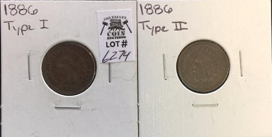 2 Pc. Lot of 1886 Indian Head Cents ? Type 1 & 2.