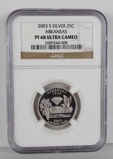 2003 S Silver Arkansas Statehood Quarter. NGC Certified PF68 Ultra Cameo.
