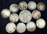 Lot of (12) 90% Silver Coins includes (8) Roosevelt Dimes (3) Mercury Dimes & a Standing Liberty Qua