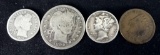 Lot of (4) Coins includes 1899 Barber Quarter, 1901 Barber Dime, 1944 Mercury Dime & 1905 Indian Hea
