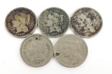 Lot of (5) Three Cent Nickel Pieces includes 1865, 1866, 1867, 1868 & 1869.
